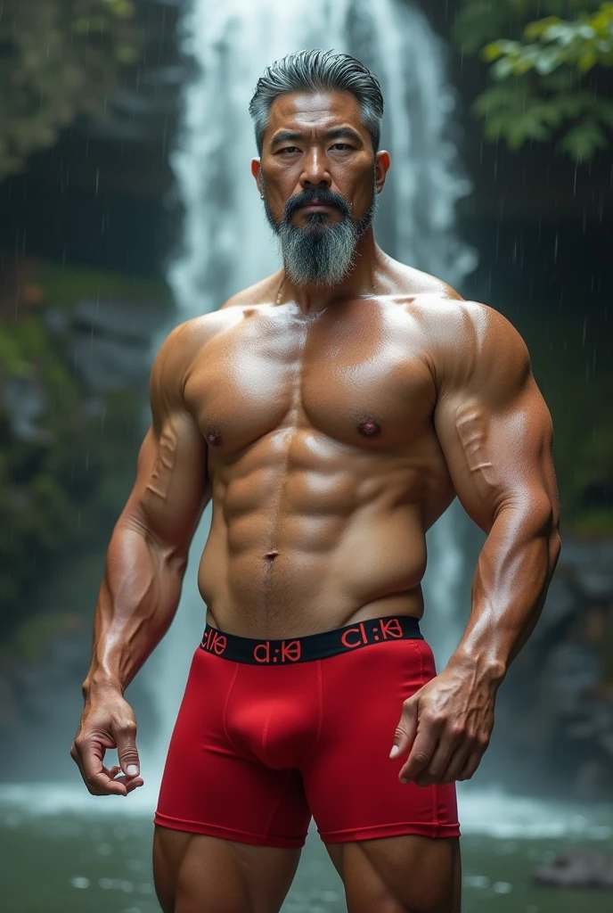 Middle-aged Korean man, 40 years old, brown eyes, dark eyebrows, mustache, long male beard, white hair, gray hair, hair parted in the middle, masculine lips, high nose, good figure, plump body, bear body, a little fat, big muscles, has upper muscles....Good muscles, arm muscles, leg muscles, big muscles, big and strong body. Big chest muscles, plump body, pink nipples, a bit of hair, clear red CK underwear, big in the middle......The bulge is second to none, extremely naked, chest hair, stomach hair, armpit hair, large bulge in underwear, realistic, high resolution. Standing at a forest waterfall The resolution of arms and legs, white skin, plump skin, skin wet with sweat, large and plump muscles. Face resolution, Gong Yoo, handsome man, short hair, portrait, Gong Yoo, high resolution 50k, camera photo, eyes looking at the camera, man, Gong Yoo..... Handsome, big muscles, six pack, handsome...... Age 40, like the real Gong Yoo, middle-aged man, big muscles, plump, plump body, gray hair, white, white mustache.