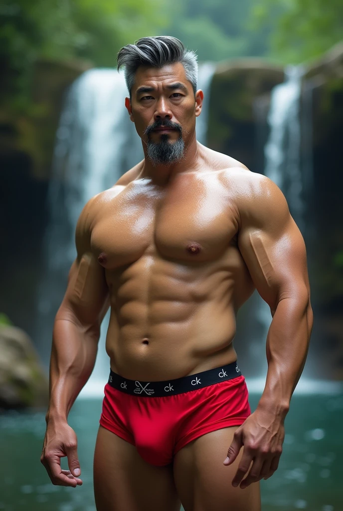 Middle-aged Korean man, 40 years old, brown eyes, dark eyebrows, mustache, long male beard, white hair, gray hair, hair parted in the middle, masculine lips, high nose, good figure, plump body, bear body, a little fat, big muscles, has upper muscles....Good muscles, arm muscles, leg muscles, big muscles, big and strong body. Big chest muscles, plump body, pink nipples, a bit of hair, clear red CK underwear, big in the middle......The bulge is second to none, extremely naked, chest hair, stomach hair, armpit hair, large bulge in underwear, realistic, high resolution. Standing at a forest waterfall The resolution of arms and legs, white skin, plump skin, skin wet with sweat, large and plump muscles. Face resolution, Gong Yoo, handsome man, short hair, portrait, Gong Yoo, high resolution 50k, camera photo, eyes looking at the camera, man, Gong Yoo..... Handsome, big muscles, six pack, handsome...... Age 40, like the real Gong Yoo, middle-aged man, big muscles, plump, plump body, gray hair, white, white mustache.