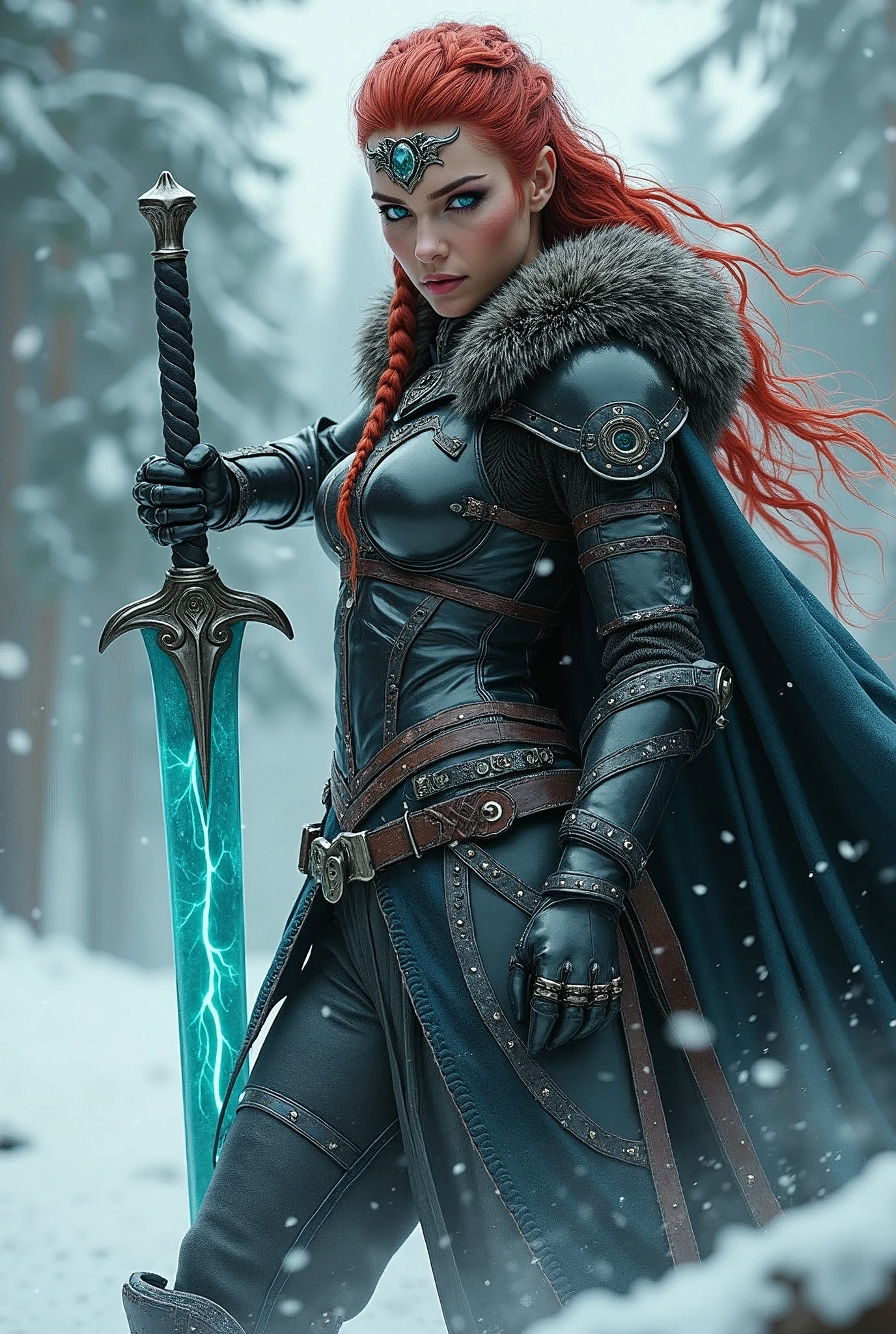 ((upper torso, armored female barbarian savage, battle worn black chrome gloss armor, fur, black cloak, ((((supermodel, triangularface)), [bright red hair:dark hair:0.7]))), iceblue eyes, blackout eyeshadow, iron tiara), braids, massive glowing seafoam lightning engraved sword, windy, outdoor frozen snow snowy forest, dynamic battle pose, lunging, side view
