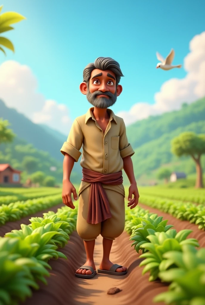 cartoon 3d animation style "**A poor farmer named "Ramesh" working in his field**, wearing traditional village clothes, looking tired but determined.