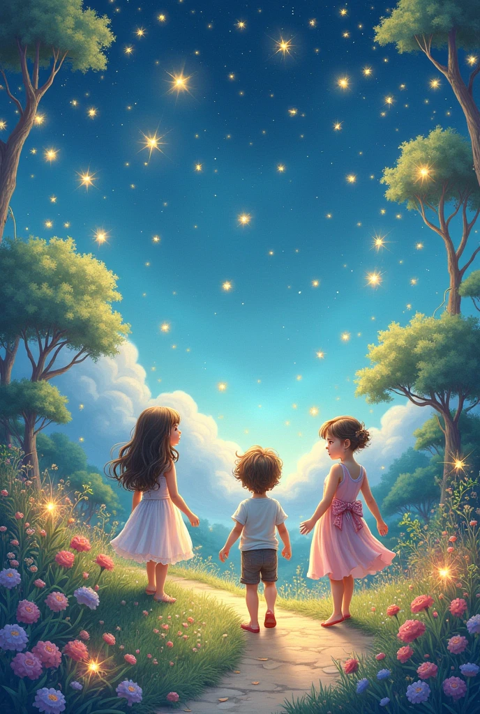 A garden of sparkling stars with two girls and a boy exploring in it, put it so you can color it