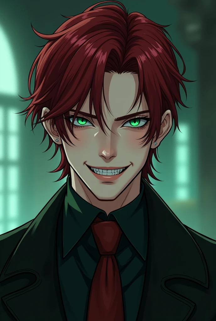 Manhwa Handsome man, with dark red hair, dark green eyes, porcelain skin, has a seductive smile with fangs, dresses in a mysterious and elegant way.