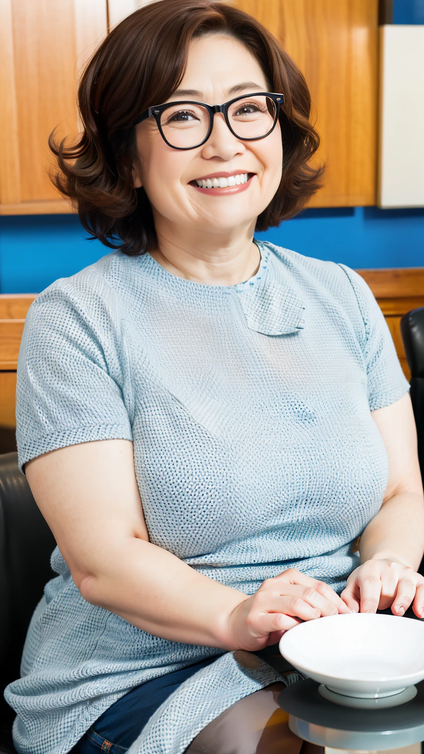 8k wallpaper, masterpiece, Highest quality, Very detailed, One Mature Woman, 50 years old, Become very clear, Wearing a short-sleeved knit, Skin dents, Captivating smile, Looking at the audience, No lapel microphone, Plump, Curvaceous, Attractive face, Smiling with teeth showing, I was happy, sitting in a cafe, Background Blur