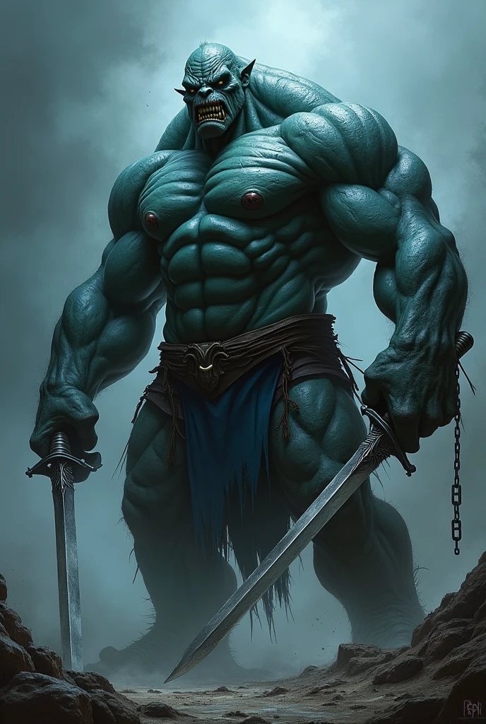 Make a muscular monster with a blue and dark green tunic with swords with chains as handles and a black cape 