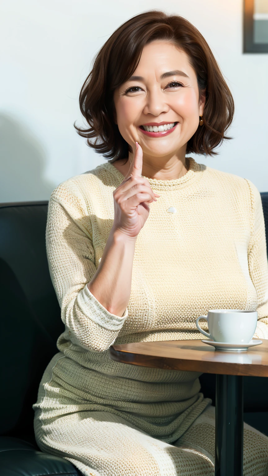 8k wallpaper, masterpiece, Highest quality, Very detailed, One Mature Woman, 50 years old, Become very clear, Wearing a short-sleeved knit, Skin dents, Captivating smile, Looking at the audience, No lapel microphone, Plump, Curvaceous, Attractive face, Smiling with teeth showing, I was happy, sitting in a cafe, Background Blur