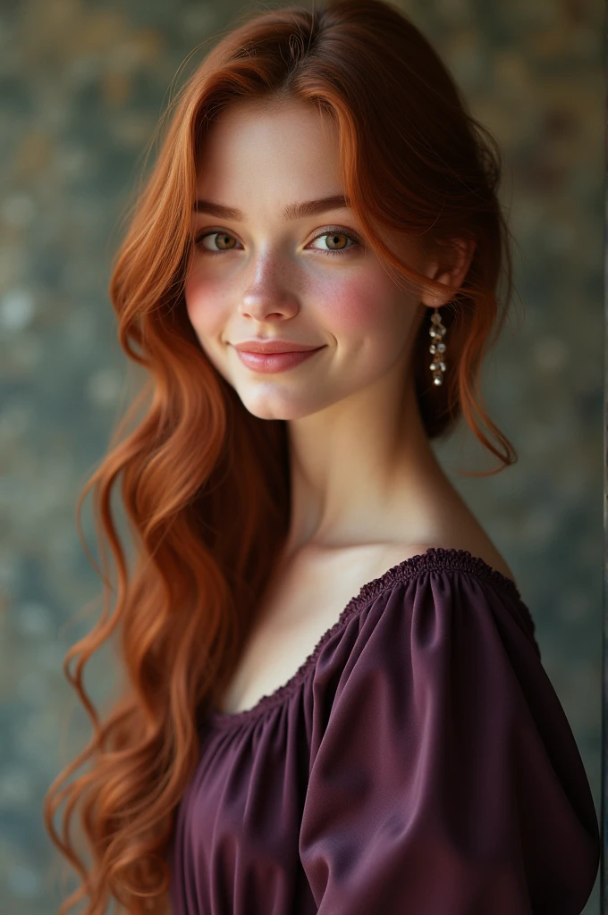 German sixteen-year-old female with a almond-shaped face and full lip and is very beautiful with a kind smile and has long thick auburn hair and light brown eyes and wearing a modest dark purple dress