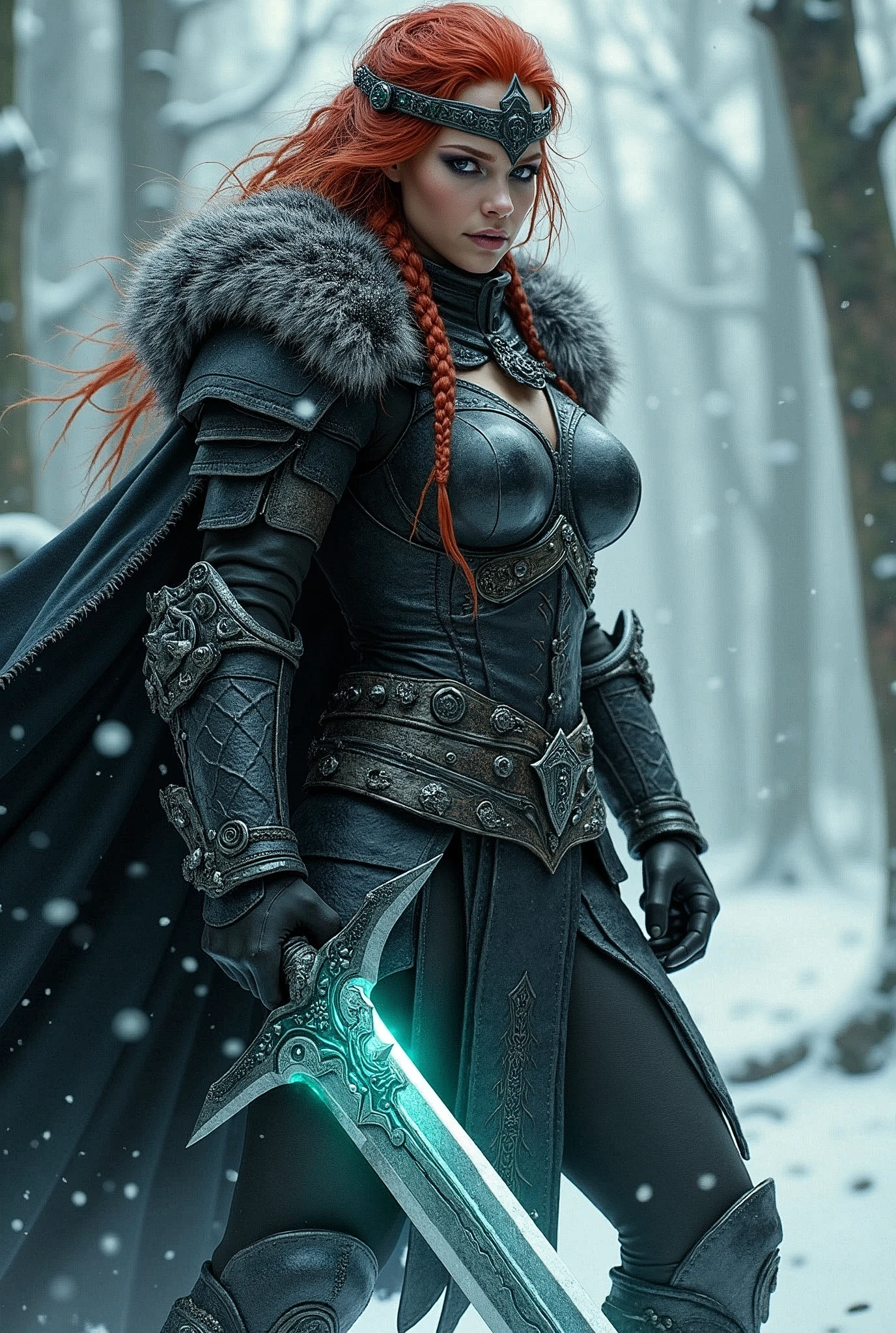 ((upper torso, armored female barbarian savage, battle worn black chrome gloss armor, fur, black cloak, ((((supermodel, triangularface)), [bright red hair:dark hair:0.7]))), iceblue eyes, blackout eyeshadow, iron tiara), braids, massive glowing seafoam lightning engraved sword, windy, outdoor frozen snow snowy forest, dynamic battle pose, lunging, side view
