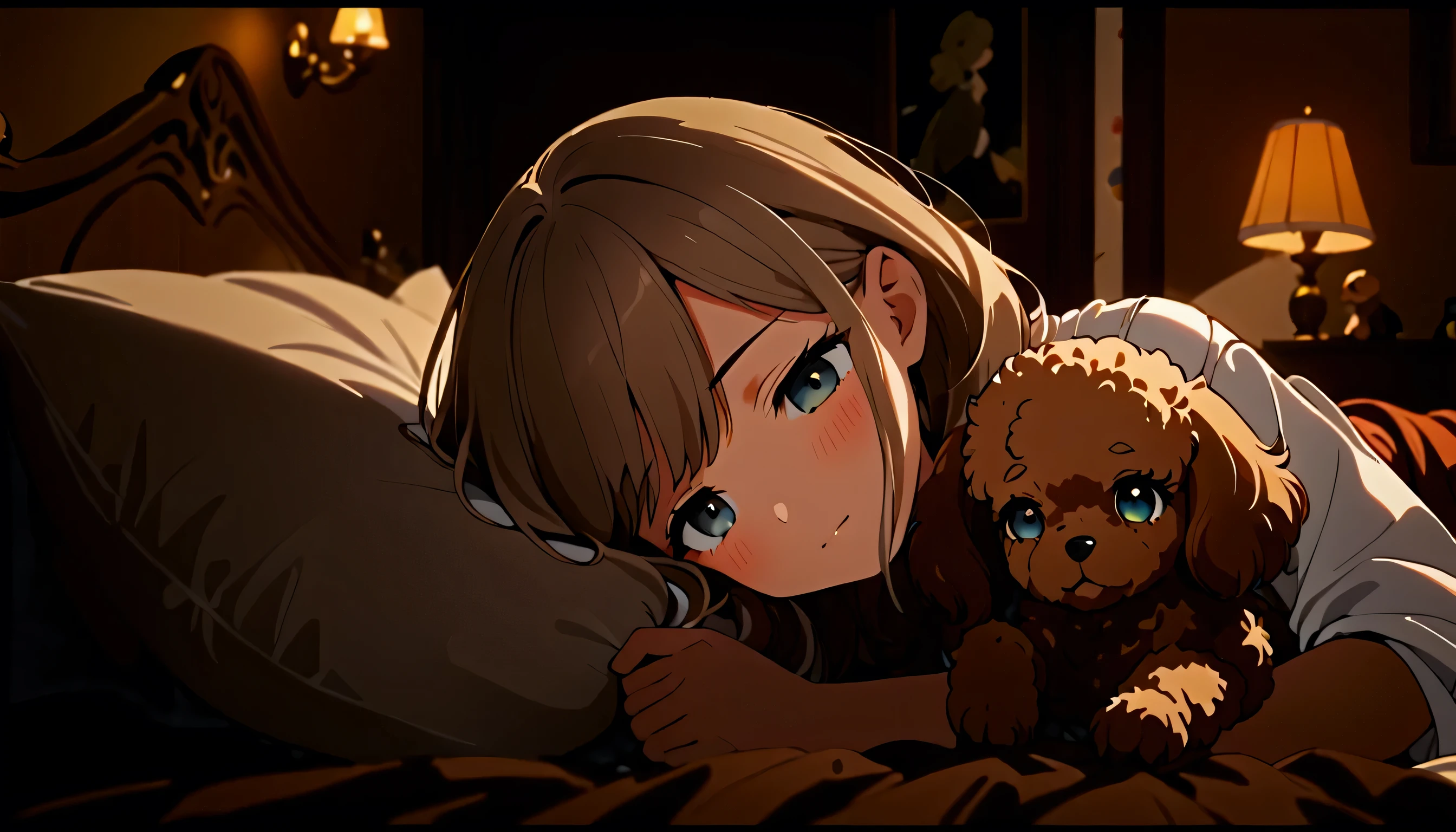 a girl with a worried expression wakes up, ( in the middle of the night:1.2), a toy poodle sleeping next to the bed, intricate details, beautiful eyes, detailed face, highly detailed, animetic, 8k, masterpiece, warm lighting, soft colors, peaceful atmosphere, serene, calming, intimate, bedroom interior, comfortable bedding, soft textures, delicate, elegant, beautiful, detailed, animetic