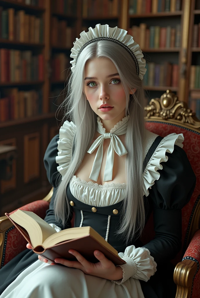 (photorealism:1.0), Beautiful girl, wearing a victorian maid, silver long hair, green eyes, reading book, library,
