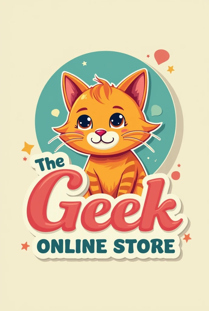 Create a logo for a company called " The Geek Online Store " with retro-style pastel colors and an orange pet cat that represents geek