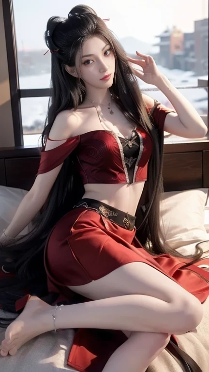 (Highest quality, masterpiece, Ultra-high resolution), whole body、Show your shoulders、Amazon Queen&Bright Red Dress、professional photography jobs:1.4, Very detailedな肌と顔の質感:1.3, Cultivating lighting effects, Very detailed, Model body type、beautiful girl、Beautiful appearance:0.8 necklaces、Looking at the audience、Eye-catching、 (Delicate face:1,5), (Beautiful Eyes:1.5)、belly button、thigh、Recall、(Shotgun, Beautiful back)、Keep your butt up、Stick your butt out、Naughty smile