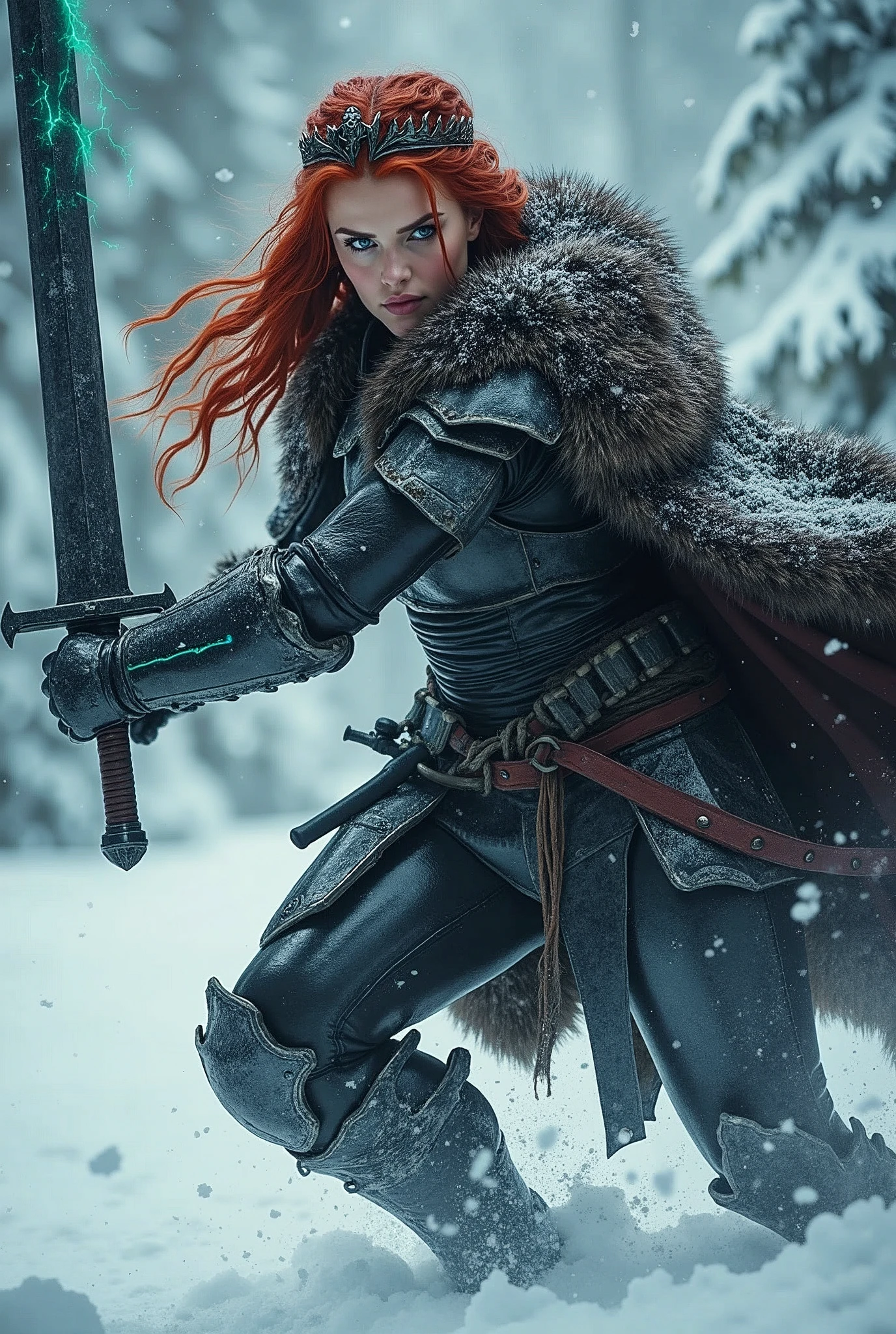 ((upper torso, armored female barbarian savage, battle worn black chrome gloss armor, fur, black cloak, ((((supermodel, round face)), [bright red hair:dark hair:0.7]))), iceblue eyes, blackout eyeshadow, iron tiara), braids, massive glowing seafoam lightning engraved sword, windy, outdoor frozen snow snowy forest, dynamic battle pose, lunging, side view
