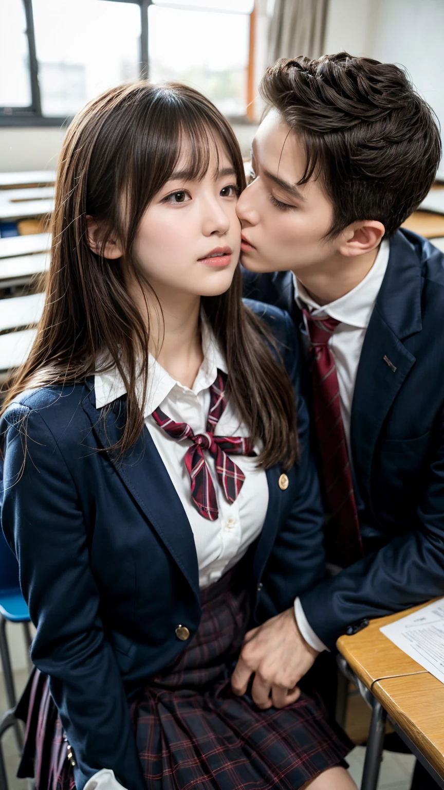 top-quality、hight resolution、ultra-detailliert、masterpiece、Raw photography、realisitic、Photorealsitic:1.5、extremely delicate and beautiful、finely detail、 Beautiful woman in high school uniform、(Kissing a beautiful man in a suit)、(In an empty classroom)、A detailed face, plump breasts