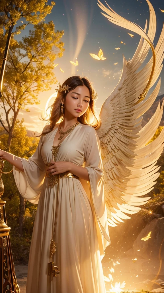 Good luck background image、A powerful miracle of light pours down、wishes come true、Good luck and satisfaction、May you find happiness in both your work and personal life.、Image of breaking the chain、key、Angel Wings、Gold coins、heart、Trees、sense of stability