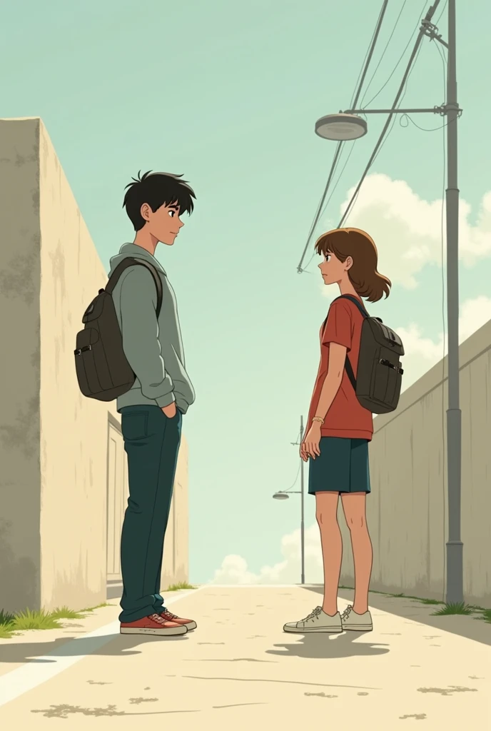 Animated characters teenage man and teenage woman. The woman is staring to the man, but the man is far away not looking back and walking away and is not staring to the woman.