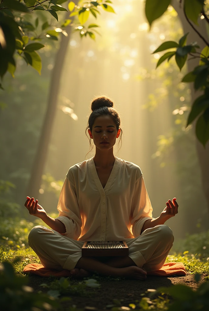 person meditating while playing a kalimba