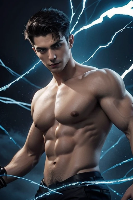Illustration of a sexy shirtless vampire, with deep blue eyes, fangs, he is holding a whip, blue fog, blue sparks