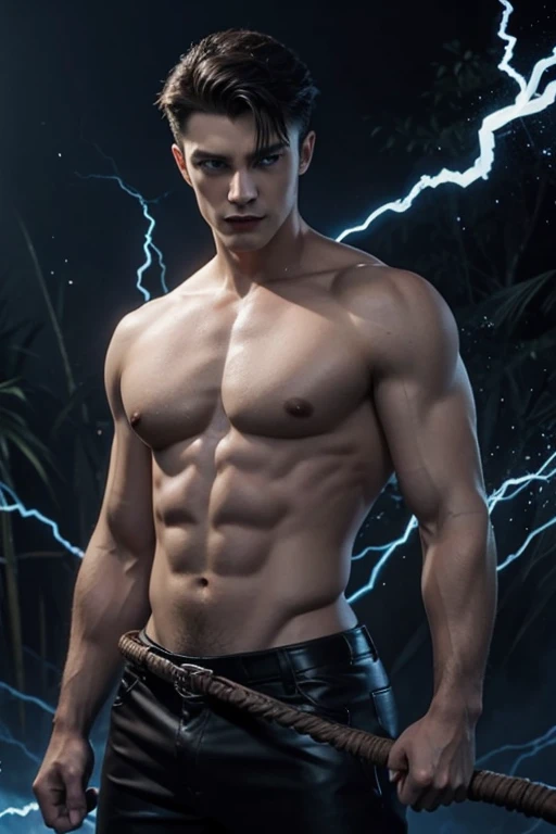 Illustration of a sexy shirtless vampire, with deep blue eyes, fangs, he is holding a whip, blue fog, blue sparks