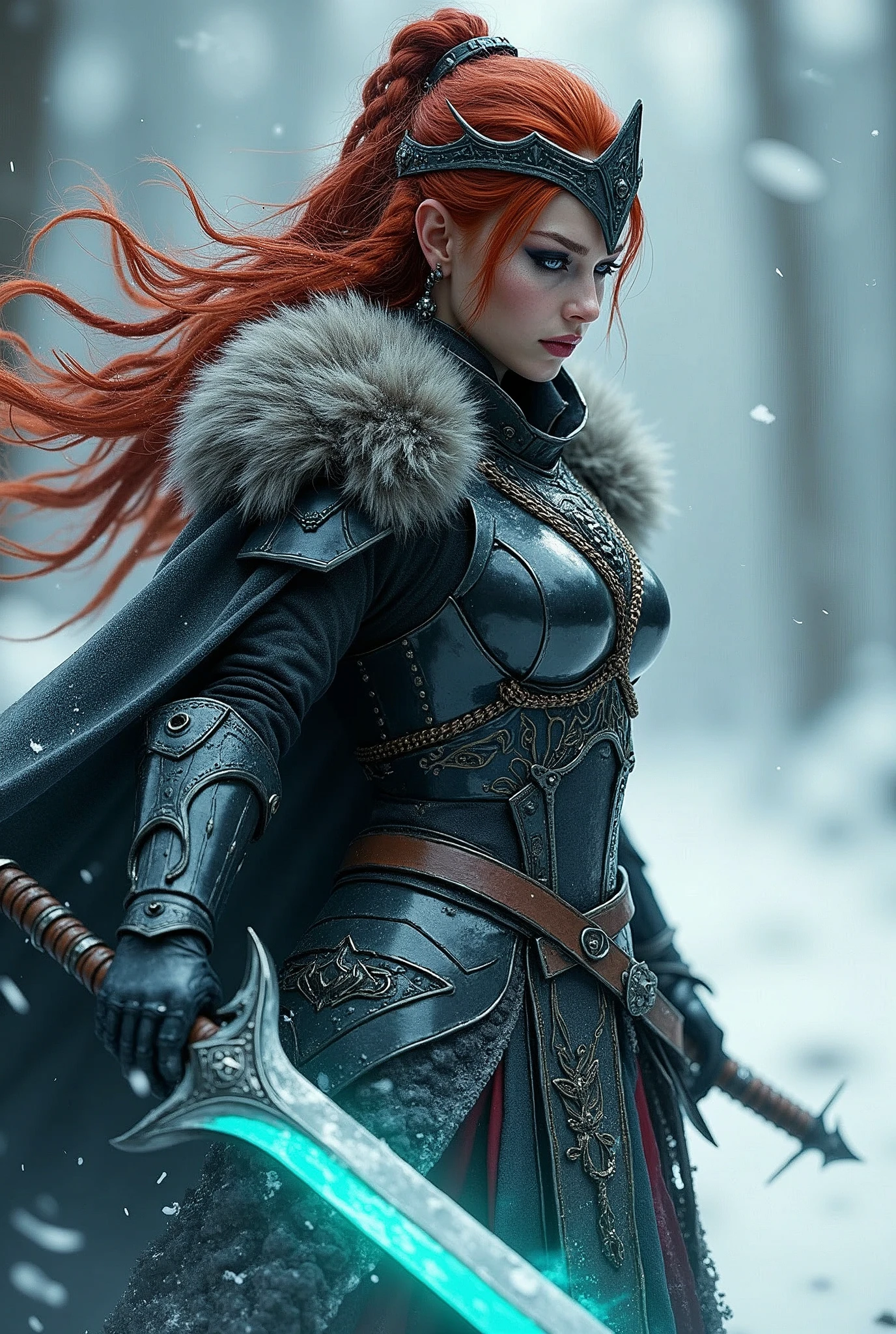 ((upper torso, armored female barbarian savage, battle worn black chrome gloss armor, fur, black cloak, ((((supermodel, round face)), [bright red hair:dark hair:0.7]))), iceblue eyes, blackout eyeshadow, iron tiara), braids, massive glowing seafoam lightning engraved sword, windy, outdoor frozen snow snowy forest, dynamic battle pose, lunging, side view
