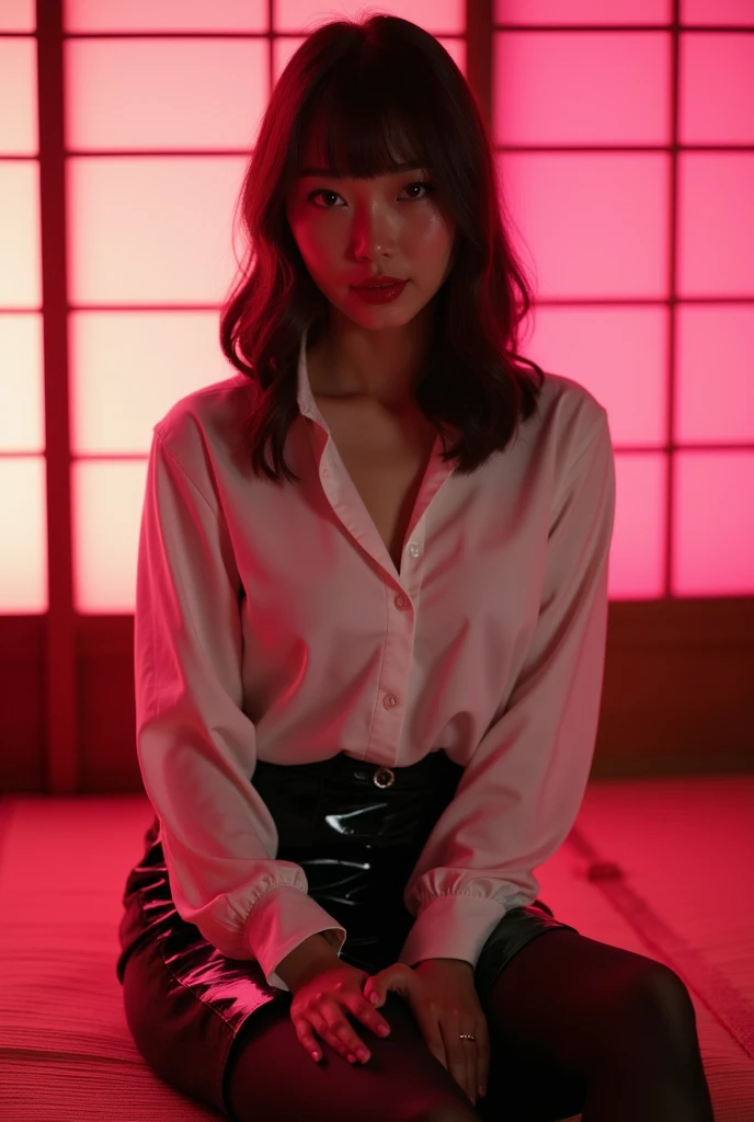((Chinese Idol)) Mature Woman ((Plump, bright red lips with lipstick)) Big Breasts Chubby A healthy figure ((Brown hair with bangs)) ((Looking into the camera)) Sit with your legs apart ((White button-up shirt with black patent leather tight skirt and black stockings)) Sit with your legs apart look down ((A bedroom with shoji and tatami mats lit up in pink neon lights))