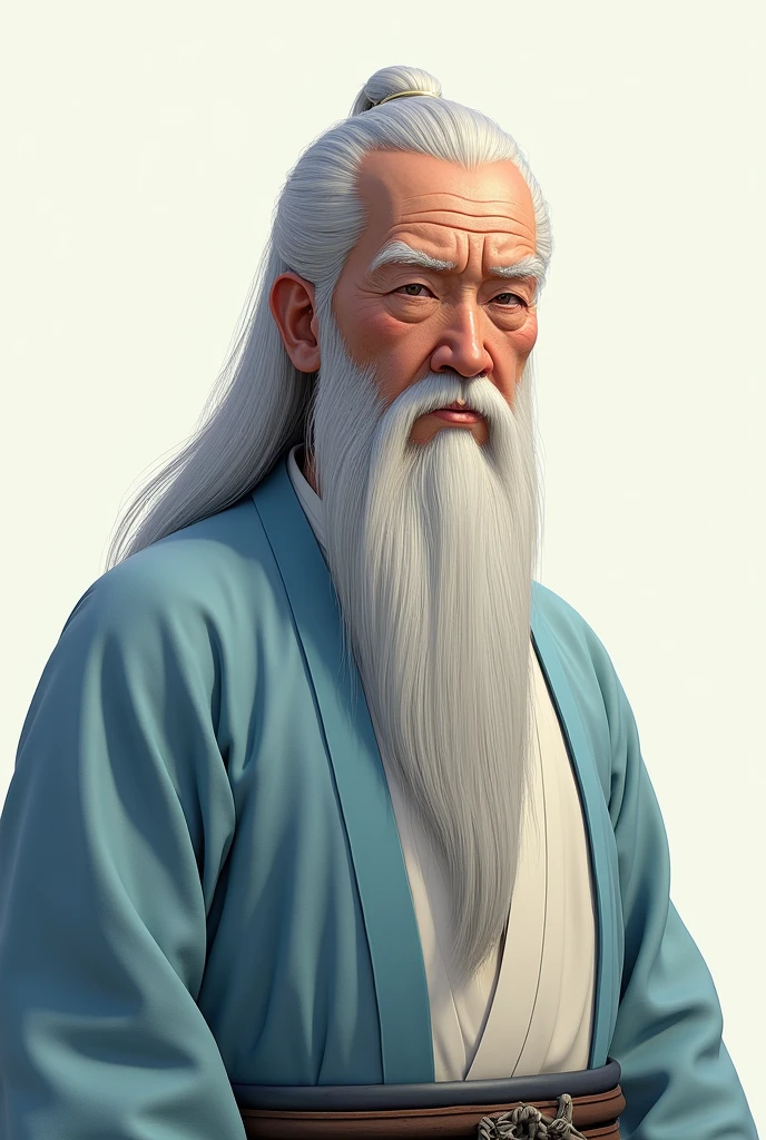 Older man with Asian features, His beard is long and white, Her hair is straight, white and long., his expression is serious, Their clothes are traditional Chinese in shades of light blue and white., digital illustration of video game characters