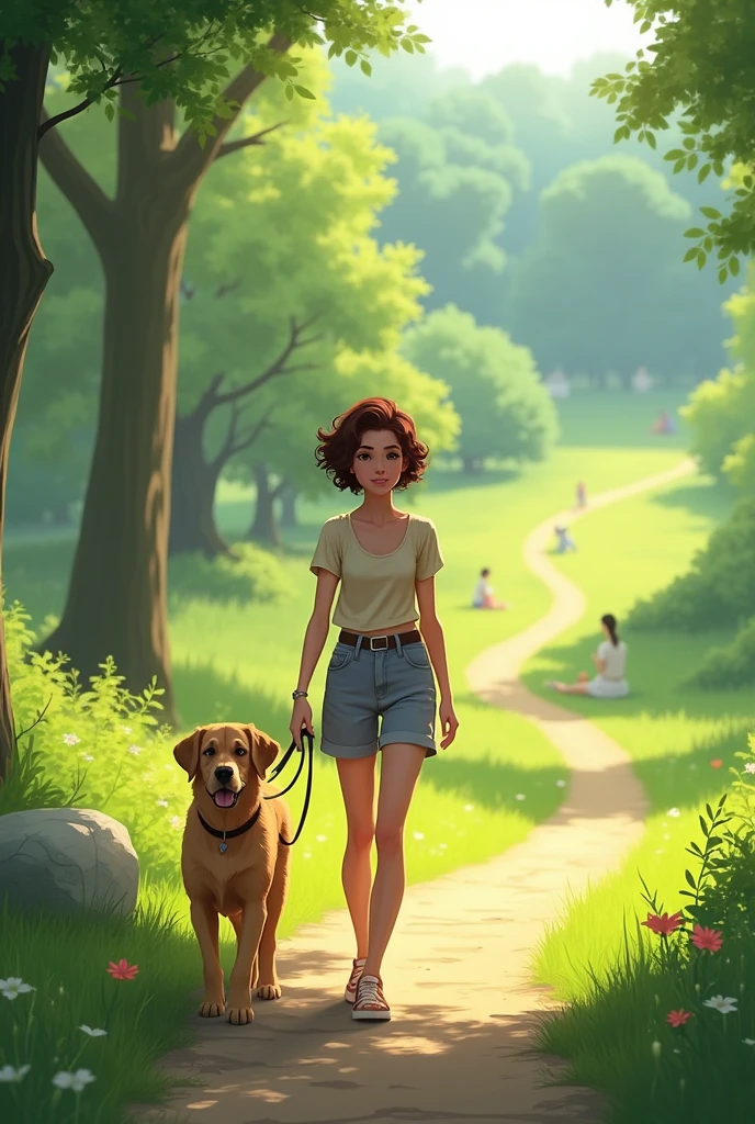 Brunette girl with short curly hair walking a dog and a wide background of a park behind her 