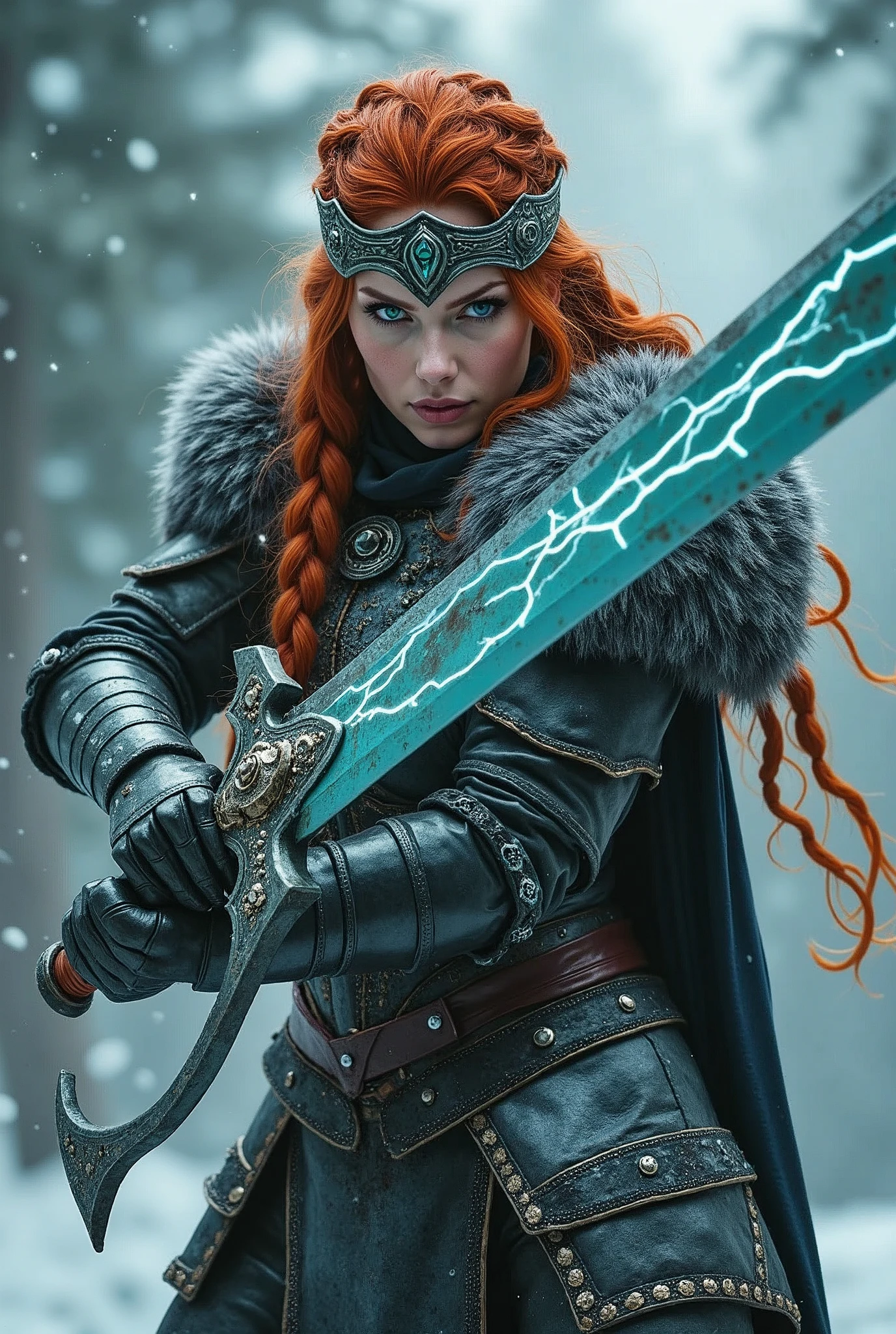 ((upper torso, armored female barbarian savage, battle worn black chrome gloss armor, fur, black cloak, ((((supermodel, round face)), [bright red hair:dark hair:0.7]))), iceblue eyes, blackout eyeshadow, iron tiara), braids, massive glowing seafoam lightning engraved sword, windy, outdoor frozen snow snowy forest, dynamic battle pose, lunging, side view
