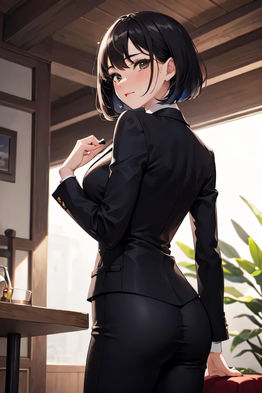 (((masterpiece,best quality,ultra detailed,high resolution))),One person,Cute face,Black Hair,Bob Hair,shame,pants suit,looking back,hip focus,nose blush,confidence,cowboy shot