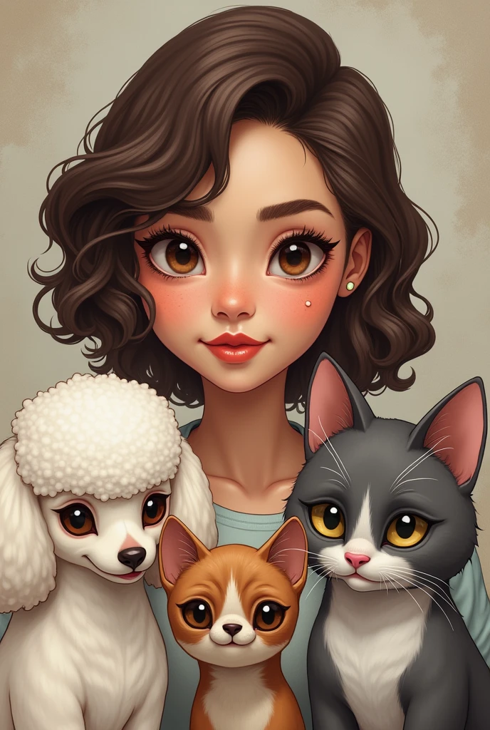 First put a 23 year old girl with brown wavy hair combed to one side, slightly broad forehead and large brown eyes, Medium mouth with the lower lip slightly larger than the upper lip, chubby with slightly pink cheeks and short neck, with a wide texture, a small mole on the left cheek; Second, put a white but flat poodle with ears that go from white to very light brown.; Third, put a light gray cat with white that goes from the eyes like a line and expands throughout the snout., with a pink nose and not so clear green eyes; Fourth, put a small white, short-haired Chihuahua with one eye with a brown circle around it.