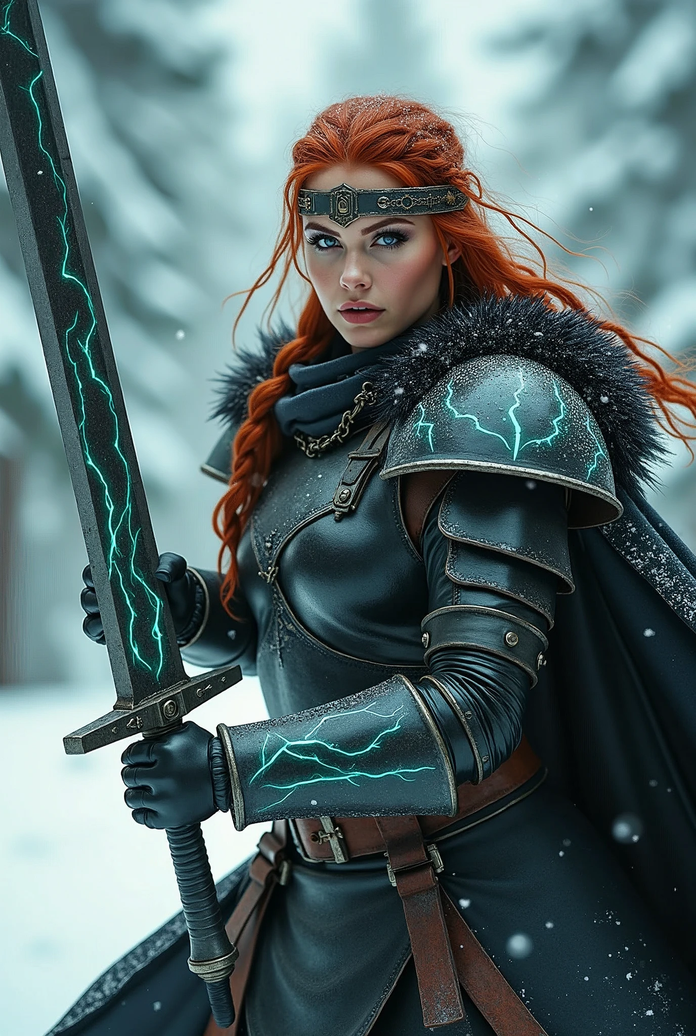 ((upper torso, armored female barbarian savage, battle worn black chrome gloss armor, fur, black cloak, ((((supermodel, round face)), [bright red hair:dark hair:0.7]))), iceblue eyes, blackout eyeshadow, iron tiara), braids, massive glowing seafoam lightning engraved sword, windy, outdoor frozen snow snowy forest, dynamic battle pose, lunging, side view
