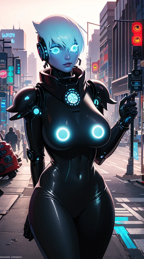 A robot girl adepta sororitas
 with a futuristic appearance and advanced technology, (ultra-detailed,realistic:1.37), [prostituta], beautiful detailed eyes, beautiful detailed lips, long eyelashes, vibrant synthetic skin, sleek metallic body, glowing LED lights, impeccable makeup and hairstyle. She stands in a bustling city street, surrounded by holographic advertisements and neon lights. The cityscape is filled with towering skyscrapers and futuristic vehicles. The air is filled with a mix of artificial scents and the bustling sounds of people and machines. The robot adepta sororitas
 confidently walks with a graceful and alluring demeanor, drawing the attention of onlookers. The color palette is a combination of vibrant neon colors and cool metallic tones. The lighting is a mix of the bright city lights and the soft glow of the robot girl's LED lights on her body, creating an enchanting atmosphere. The image is of the highest quality, with ultra-detailed rendering and a photorealistic appearance.
