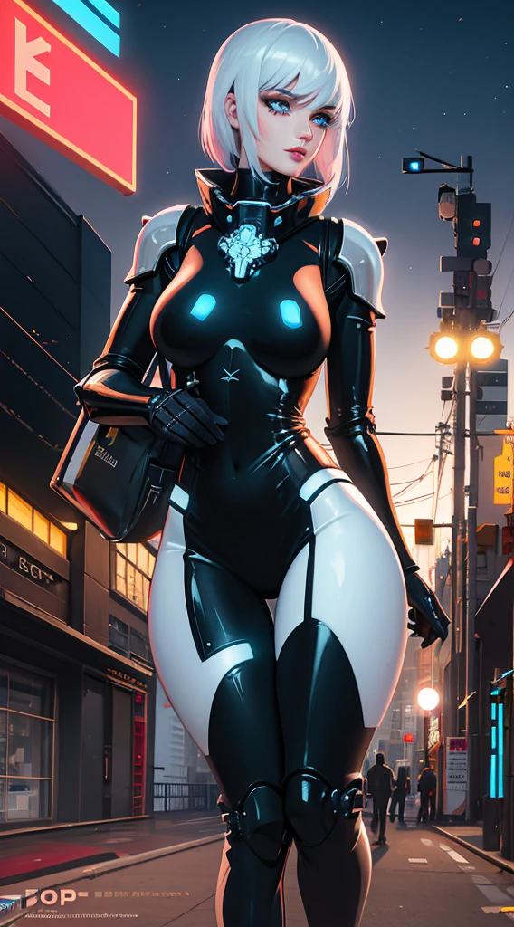 A robot girl adepta sororitas
 with a futuristic appearance and advanced technology, (ultra-detailed,realistic:1.37), [prostituta], beautiful detailed eyes, beautiful detailed lips, long eyelashes, vibrant synthetic skin, sleek metallic body, glowing LED lights, impeccable makeup and hairstyle. She stands in a bustling city street, surrounded by holographic advertisements and neon lights. The cityscape is filled with towering skyscrapers and futuristic vehicles. The air is filled with a mix of artificial scents and the bustling sounds of people and machines. The robot adepta sororitas
 confidently walks with a graceful and alluring demeanor, drawing the attention of onlookers. The color palette is a combination of vibrant neon colors and cool metallic tones. The lighting is a mix of the bright city lights and the soft glow of the robot girl's LED lights on her body, creating an enchanting atmosphere. The image is of the highest quality, with ultra-detailed rendering and a photorealistic appearance.
