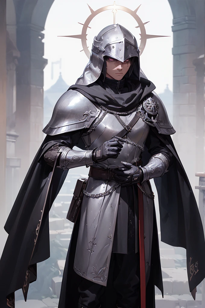 (((masterpiece; best quality: 1.2))), ((1 templar)), ((solo)), (void eyes: 1.4), (body shape; toned, lean, masculine: 1.3), (beautiful and clear background: 1.2), ((depth of field)), (equipment: templar garb + surcoat with cross + chainmail shirt + closed helmet + leather gloves + black cloak : 1.3), (anime illustration: 1.2), (background composition; palace garden + plants: 1.1), (shot composition; standing + centered on head + bust close-up: 1.5)