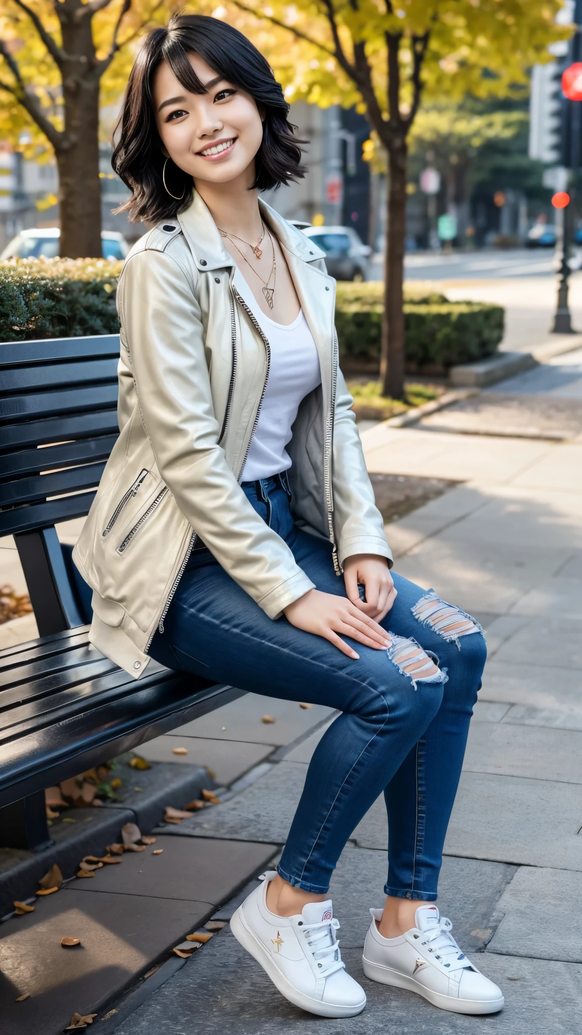 Super Resolution、Beautiful Japanese Women、Full body photo、sitting on a park bench、Black Hair、Short Haircut、Wavy Hair、Ear piercing、necklace、leather jacket、shirt、Skinny jeans、sneakers、smile、Beautiful teeth alignment