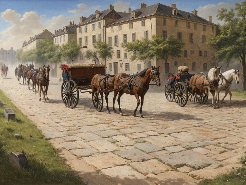realistic picture,early 19th century,in Europe street made stones,classical military man marching on the stone pavement,one horse-drawn carriage carry a coffin,