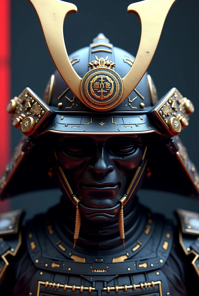 A Japanese samurai mask features components simulating electronic applications,Use on masksICComputer chip components andCPUDecorate and incorporate into the mask,The Japanese family crest is printed on it,Overall presentation of Japanese samurai mask20Degree Angle