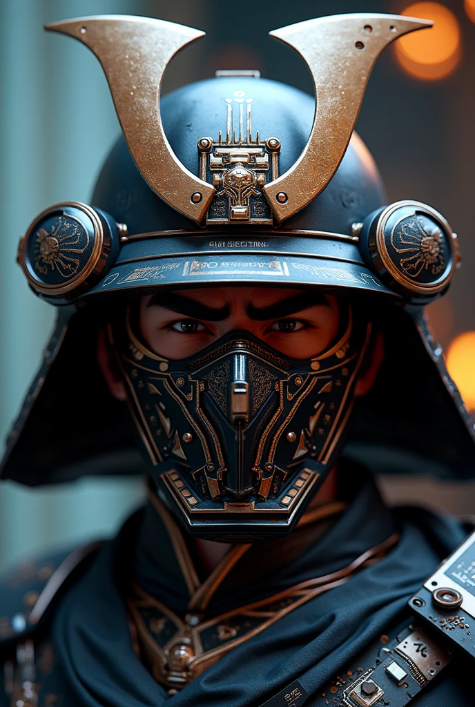 A Japanese samurai mask features components simulating electronic applications,Use on masksICComputer chip components andCPUDecorate and incorporate into the mask,The Japanese family crest is printed on it,Overall presentation of Japanese samurai mask20Degree Angle