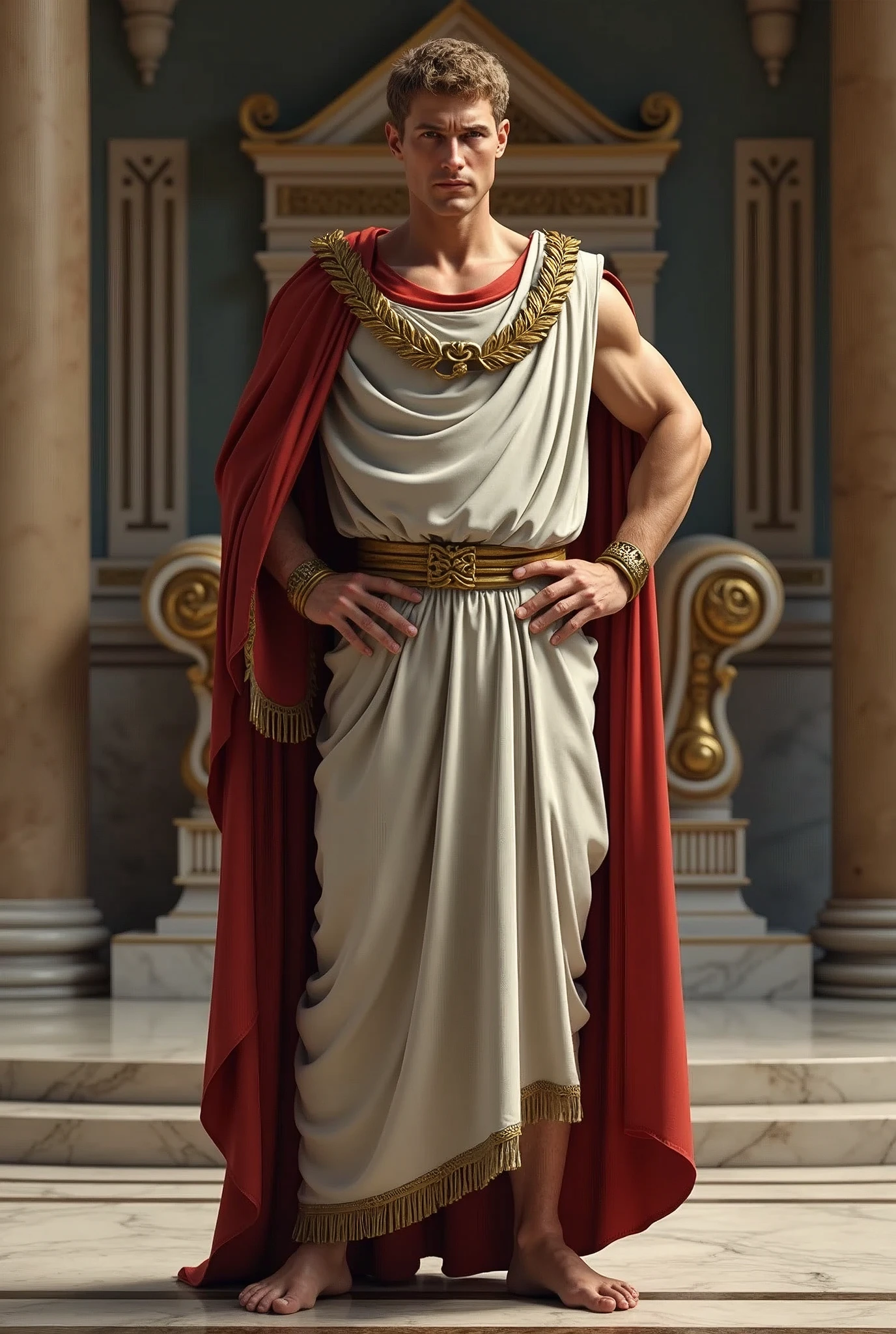 Front view, looking at viewer, 1 Male , Gaius Julius Caesar, ancient Roman palace 15 BC, He is 35age old, (light brown hair, shot hair, permanent hair, Brown eyes, serious), ( Crown  with gold olive leaf:1.3) , (wearing White an ancient Roman imperial ionic tunic:1.5), (Red Cloak put on shoulder:1.3), sandal, in Palace, in Roman, (holding one kingdom wand:1.3), hands on hip, stand on Mable floor  , gorgeous Mable kingdom chair, textured skin , HI detailed skin, (foreshortening, Canon, 8k, anatomically correct, super detail, high details, highness,