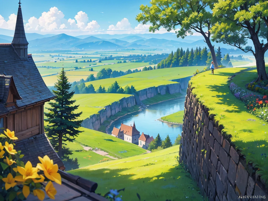 In this anime-style fantasy world, you see an expansive green landscape stretching as far as the eye can see. The sky is clear blue with a few scattered white clouds, and the warm sunlight bathes the scene, giving it a peaceful and inviting atmosphere.
In the distance, there's a small town filled with houses with orange and red rooftops. The most prominent feature is a large stone castle perched on a hill, with tall towers that stand out against the horizon. Some towers have flags gently waving in the breeze. Roads and bridges connect various parts of the town, making it look like something straight out of a fairy tale.
The vast green fields are dotted with large trees, and in some areas, colorful flowers bloom, adding vibrancy to the scene. A small river winds its way through the landscape, creating a soft, calming sound as it flows.
You might also spot some fantastical creatures, like small dragons or cute animals, wandering through the fields, adding a touch of magic and otherworldliness to the scene.
This description should help you visualize the anime-style fantasy world with a vast green landscape and a distant town clearly and vividly
