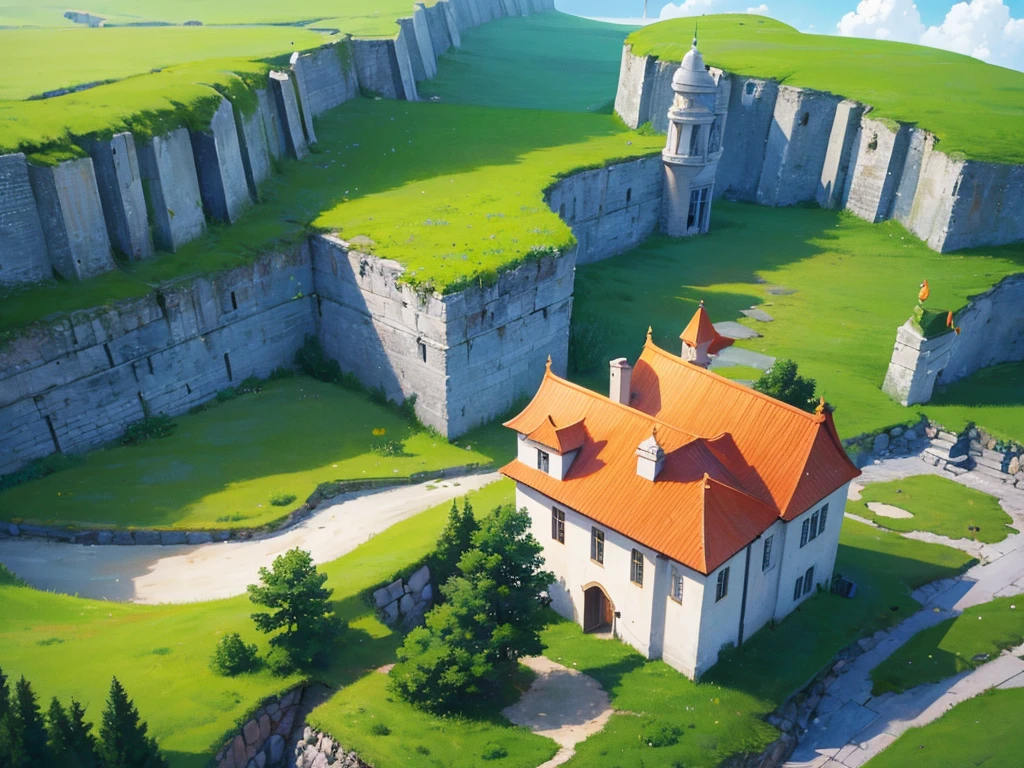 In this anime-style fantasy world, you see an expansive green landscape stretching as far as the eye can see. The sky is clear blue with a few tered white clouds, and the warm sunlight bathes the scene, giving it a peaceful and inviting atmosphere.
In the distance, there's a small town filled with houses with orange and red rooftops. The most prominent feature is a large stone castle perched on a hill, with tall towers that stand out against the horizon. Some towers have flags gently waving in the breeze. Roads and bridges connect various parts of the town, making it look like something straight out of a fairy tale.
The vast green fields are dotted with large trees, and in some areas, colorful flowers bloom, adding vibrancy to the scene. A small river winds its way through the landscape, creating a soft, calming sound as it flows.
You might also spot some fantastical creatures, like small dragons or cute animals, wandering through the fields, adding a touch of magic and otherworldliness to the scene.
This description should help you visualize the anime-style fantasy world with a vast green landscape and a distant town clearly and vividly