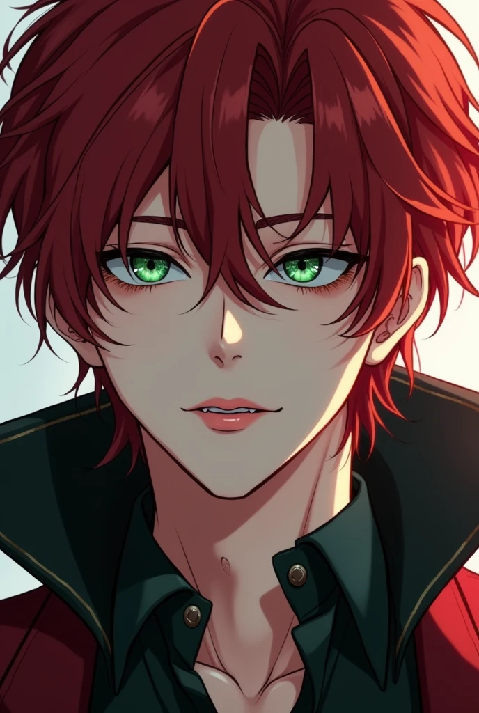 Manhwa realistHandsome man, with dark red hair, dark green eyes, porcelain skin, has a seductive smile with fangs, dresses in a mysterious and elegant way.
