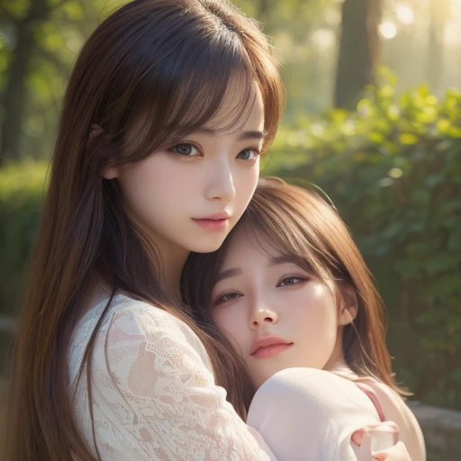 (Highest quality, 4K, 8k, High resolution, masterpiece:1.2), Very detailed, (Realistic, photoRealistic, photo-Realistic:1.37)、2girls,hugging,kissing,