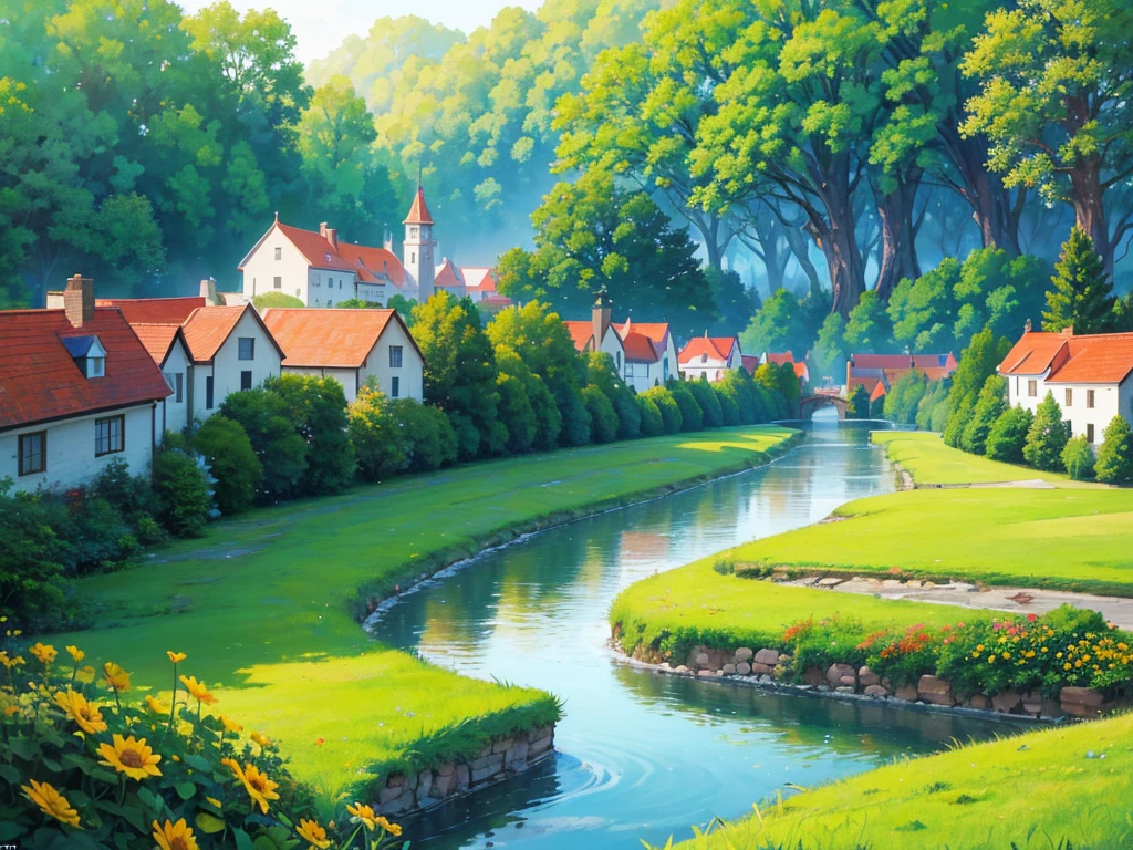 In this anime-style fantasy world, you see an expansive green landscape stretching as far as the eye can see. The sky is clear blue with a few scattered white clouds, and the warm sunlight bathes the scene, giving it a peaceful and inviting atmosphere.
In the distance, there's a small town filled with houses with orange and red rooftops. The most prominent feature is a large stone castle perched on a hill, with tall towers that stand out against the horizon. Some towers have flags gently waving in the breeze. Roads and bridges connect various parts of the town, making it look like something straight out of a fairy tale.
The vast green fields are dotted with large trees, and in some areas, colorful flowers bloom, adding vibrancy to the scene. A small river winds its way through the landscape, creating a soft, calming sound as it flows.
You might also spot some fantastical creatures, like small dragons or cute animals, wandering through the fields, adding a touch of magic and otherworldliness to the scene.
This description should help you visualize the anime-style fantasy world with a vast green landscape and a distant town clearly and vividly