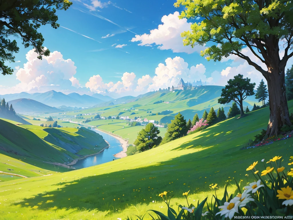 In this anime-style fantasy world, you see an expansive green landscape stretching as far as the eye can see. The sky is clear blue with a few scattered white clouds, and the warm sunlight bathes the scene, giving it a peaceful and inviting atmosphere.
In the distance, there's a small town filled with houses with orange and red rooftops. The most prominent feature is a large stone castle perched on a hill, with tall towers that stand out against the horizon. Some towers have flags gently waving in the breeze. Roads and bridges connect various parts of the town, making it look like something straight out of a fairy tale.
The vast green fields are dotted with large trees, and in some areas, colorful flowers bloom, adding vibrancy to the scene. A small river winds its way through the landscape, creating a soft, calming sound as it flows.
You might also spot some fantastical creatures, like small dragons or cute animals, wandering through the fields, adding a touch of magic and otherworldliness to the scene.
This description should help you visualize the anime-style fantasy world with a vast green landscape and a distant town clearly and vividly