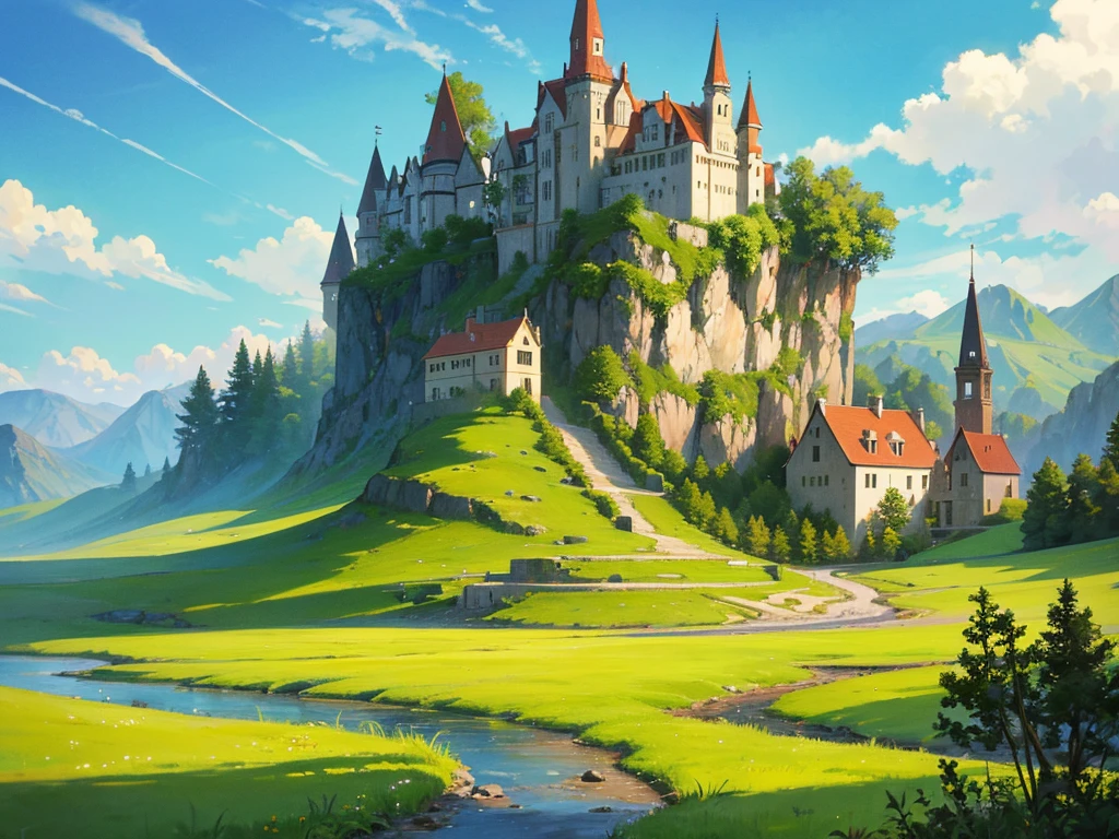 In this anime-style fantasy world, you see an expansive green landscape stretching as far as the eye can see. The sky is clear blue with a few scattered white clouds, and the warm sunlight bathes the scene, giving it a peaceful and inviting atmosphere.

In the distance, there's a small town filled with houses with orange and red rooftops. The most prominent feature is a large stone castle perched on a hill, with tall towers that stand out against the horizon. Some towers have flags gently waving in the breeze. Roads and bridges connect various parts of the town, making it look like something straight out of a fairy tale.

The vast green fields are dotted with large trees, and in some areas, colorful flowers bloom, adding vibrancy to the scene. A small river winds its way through the landscape, creating a soft, calming sound as it flows.

You might also spot some fantastical creatures, like small dragons or cute animals, wandering through the fields, adding a touch of magic and otherworldliness to the scene.

This description should help you visualize the anime-style fantasy world with a vast green landscape and a distant town clearly and vividly