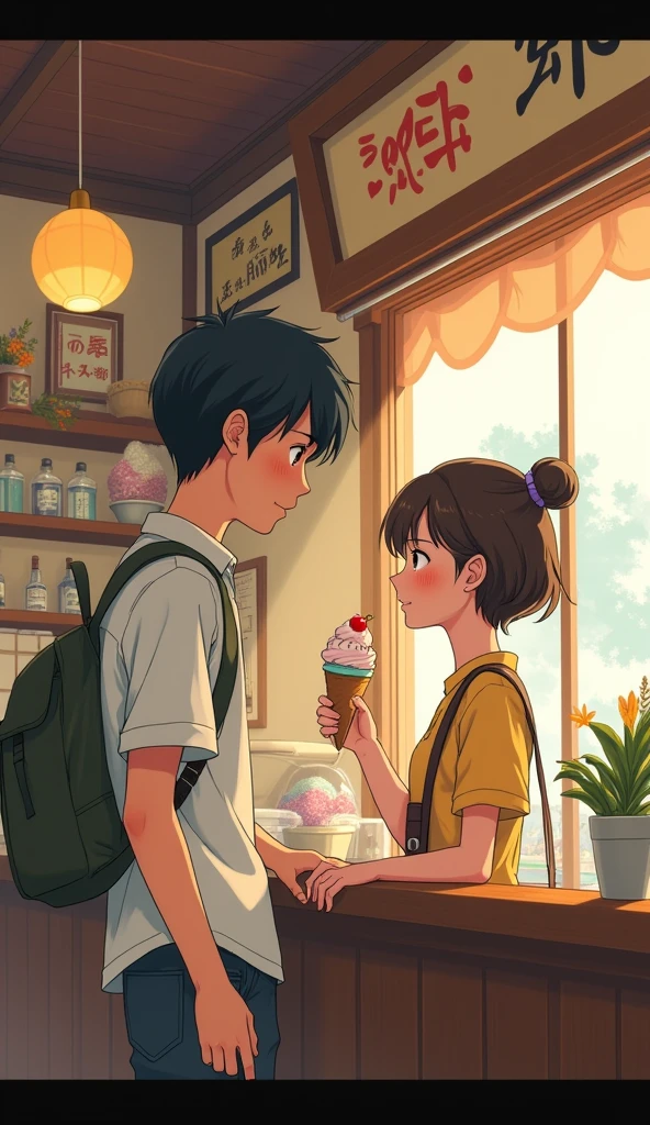 A young man passes a young woman at an ice cream shop、Retro anime、Traditional Impressionist Painting、Japanese handmade design. Vintage Studio Ghibli Style