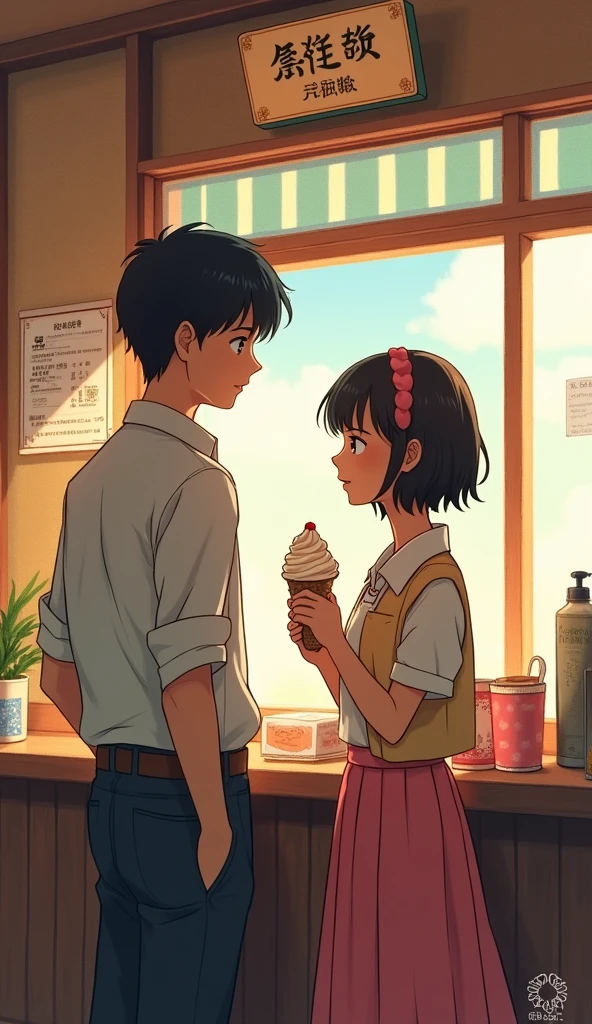 A young man passes a young woman at an ice cream shop、Retro anime、Traditional Impressionist Painting、Japanese handmade design. Vintage Studio Ghibli Style