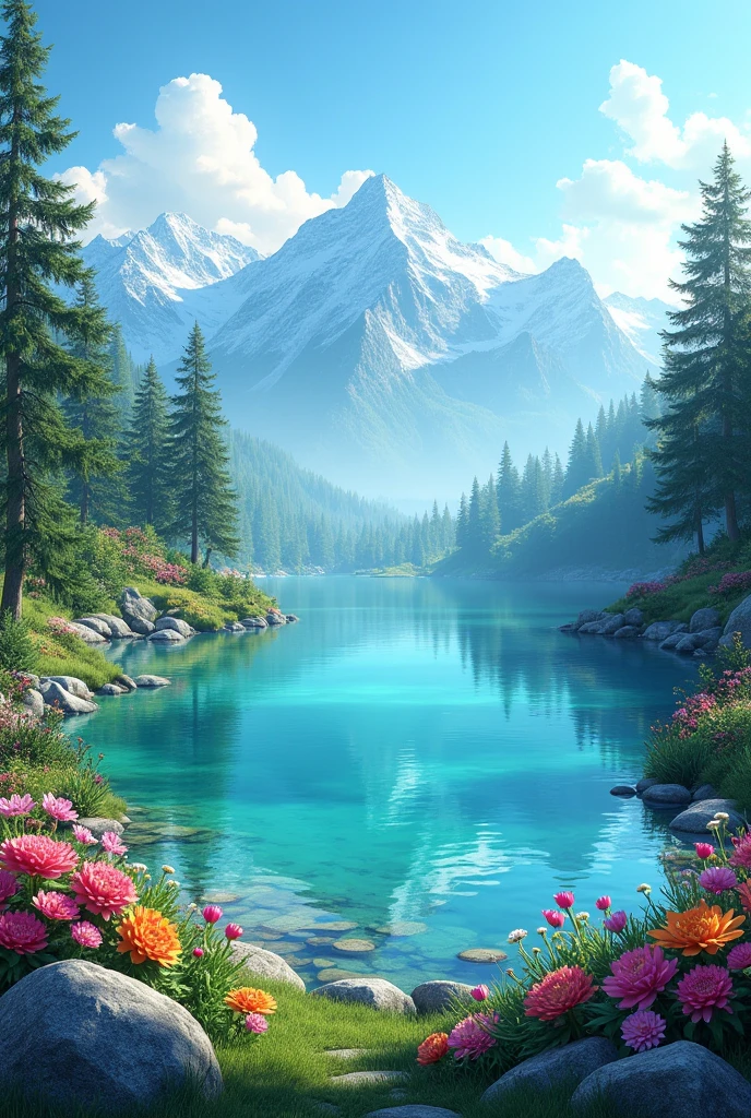 Blue -green lake, colorful flowers, trees and snowy mountains, blue sky in the morning 