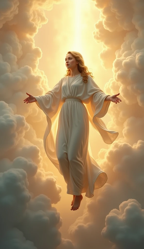 Beautiful young Virgin Mary ascending to heaven