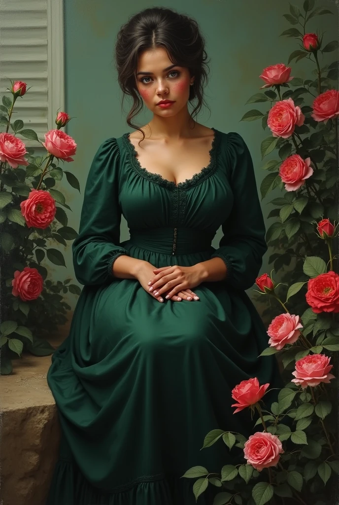 19th century painting, portait painting, beautiful woman, sitting on rock, surrounded by roses, wearing victorian dark green conservative and covering silk dress with long sleeve, Victorian hairstyle, indoors, soft lighting, cold tone, not warm, plants in background, dark gaze, greenish hazel eyes, tanned skin, freckles, pretty, no smile on her face, neutral expression, chubby